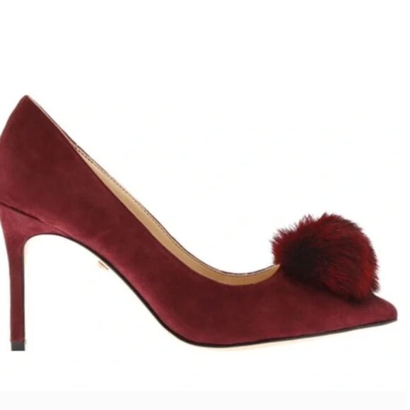 Charles David Suede Duchess Heels w/ Fluffy Pom Accent - Cabernet - $229 NWT! - Picture 2 of 4